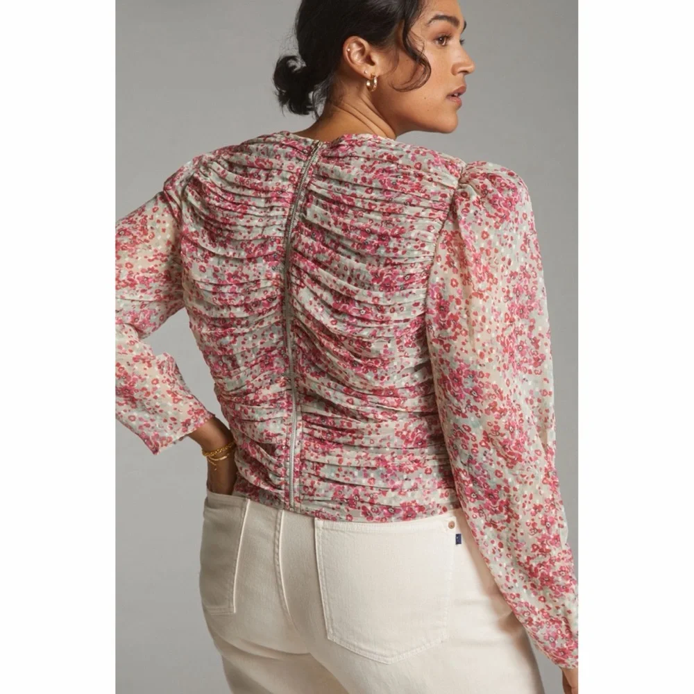 Anthropologie Let Me Be Ruched Floral Blouse Pink Puff Sleeve Crew Neck S NWT
